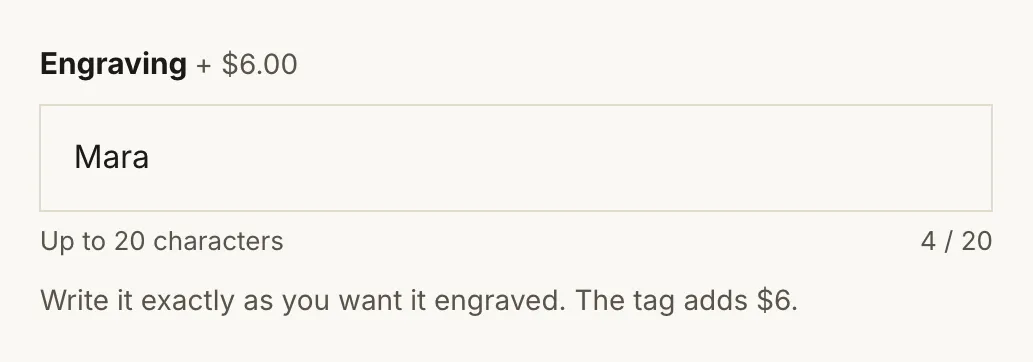 The engraving field on the product page